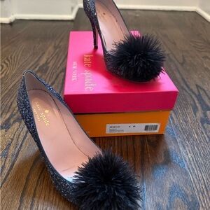 Kate Spade Sparkling Black Heels with Pom-Pom